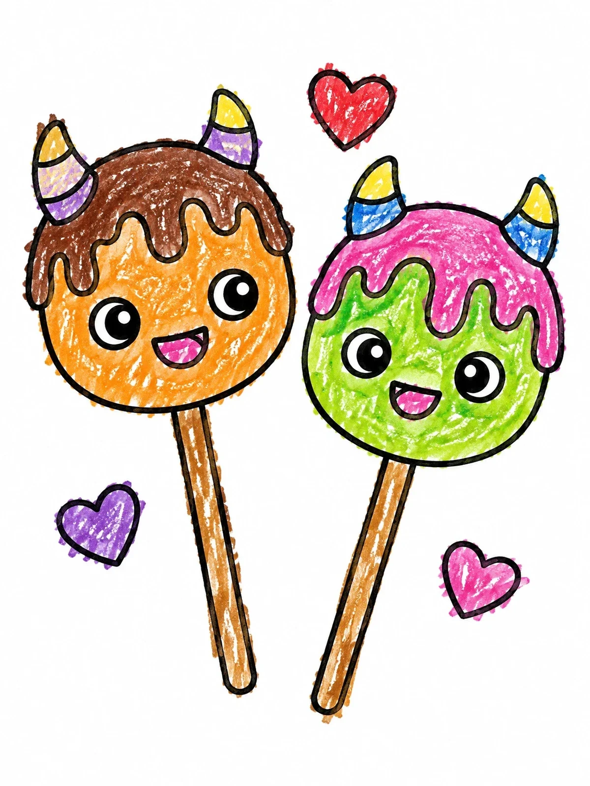 Colored example of the Cute Monster Cake Pops With Horns coloring page