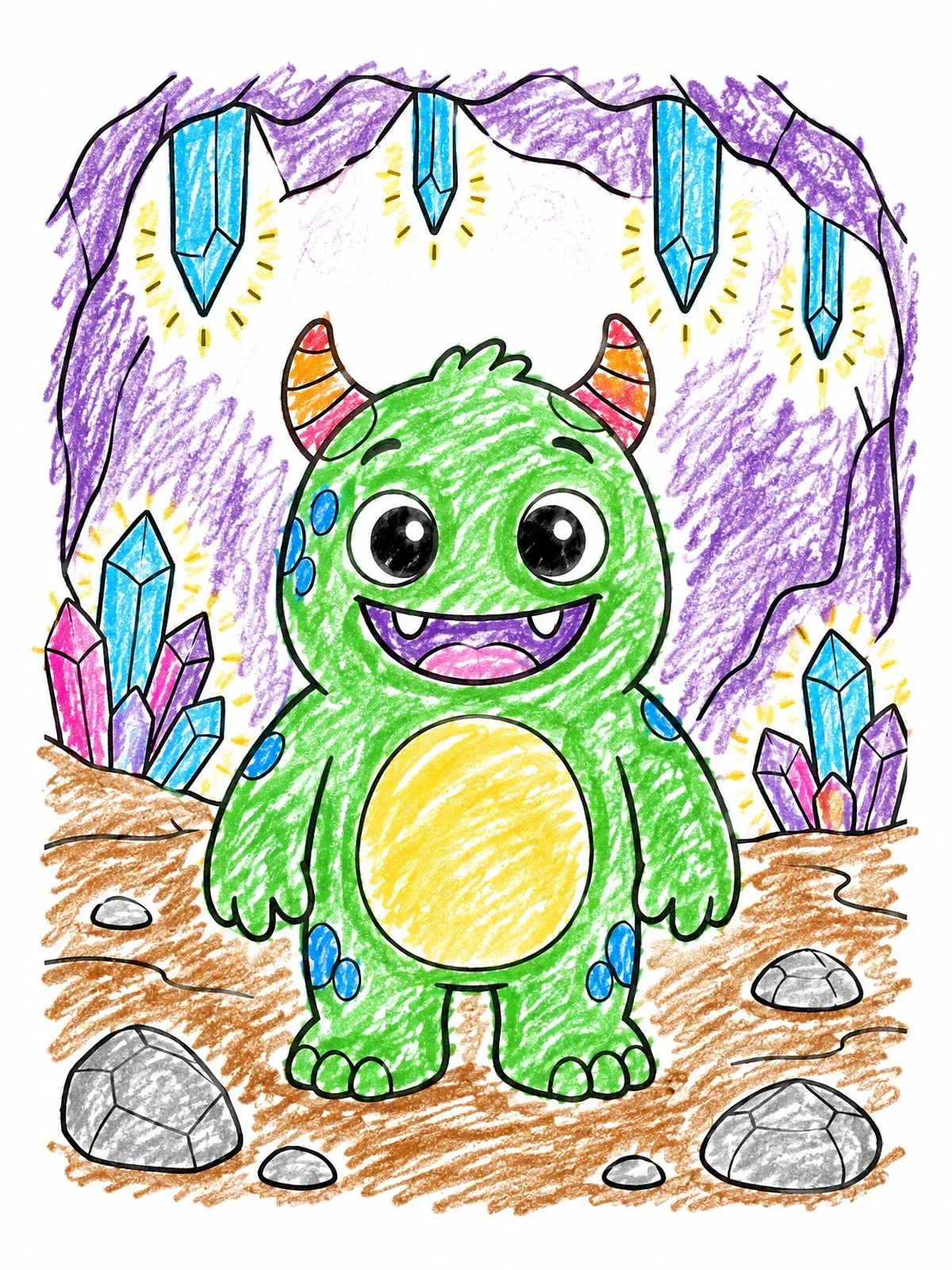 Colored example of the Cute Monster In A Crystal Cave coloring page