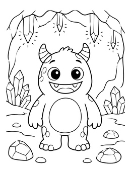 A friendly monster coloring page set inside a cave with glowing crystals.