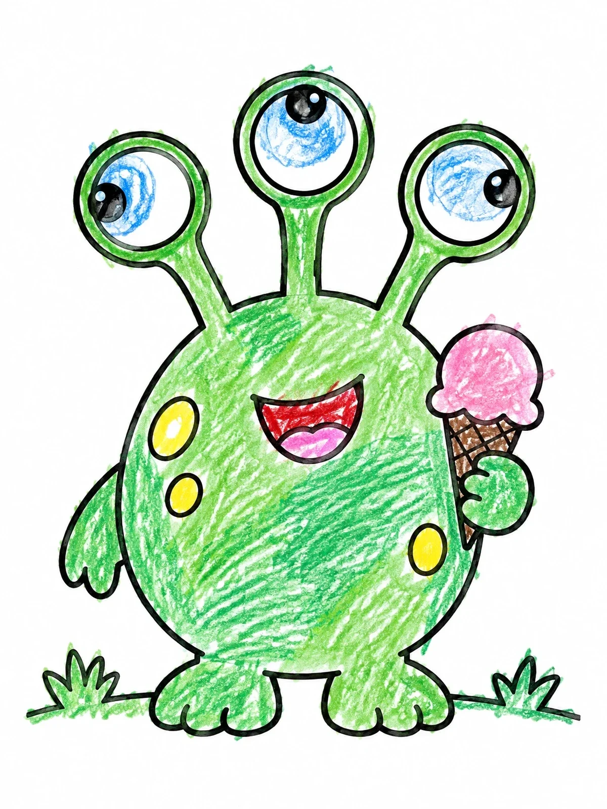 Colored example of the Cute Three Eyed Monster With Ice Cream coloring page
