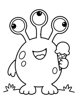Free printable Cute Three Eyed Monster With Ice Cream coloring page