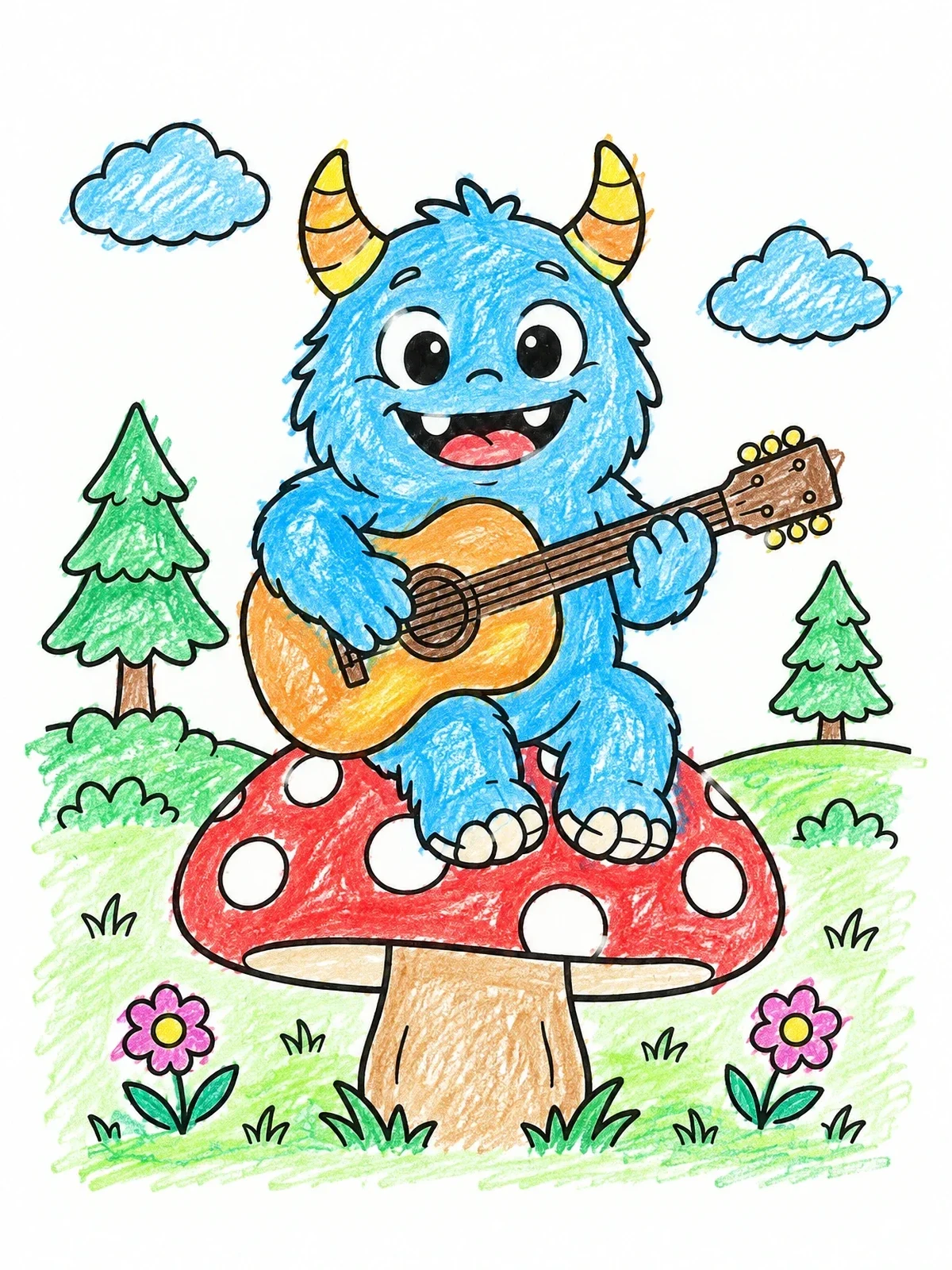 Colored example of the Cute Horned Monster Playing Guitar On A Mushroom coloring page