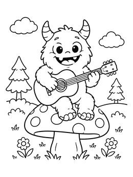A cheerful monster coloring page showing a friendly beast playing a guitar while sitting on a mushroom.
