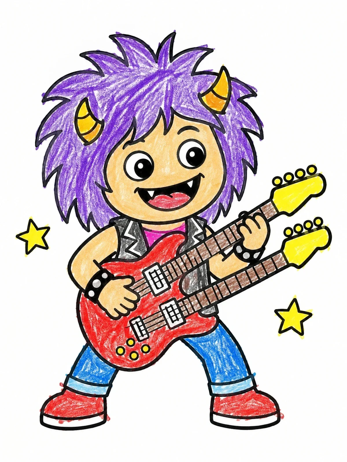Colored example of the Cute Monster Rock Star With Guitar coloring page