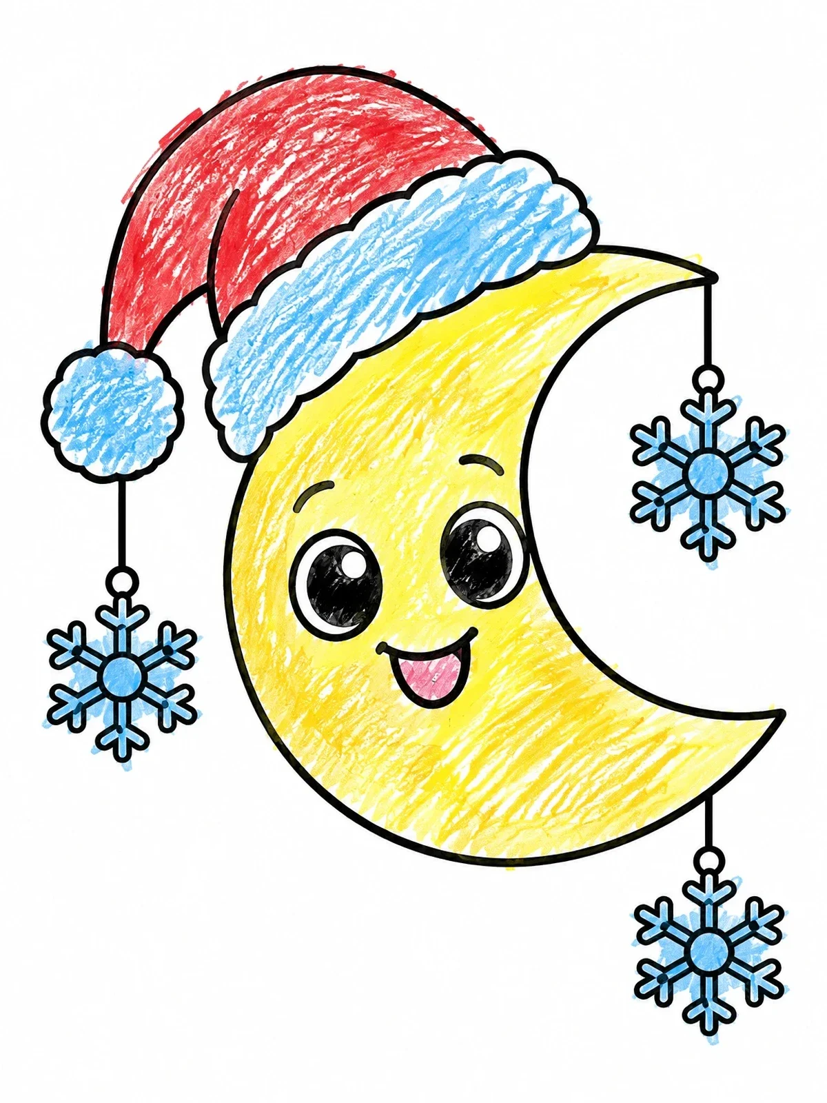 Colored example of the Cute Moon In Santa Hat coloring page