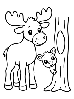 Free printable Cute Moose And Peeking Calf coloring page