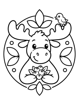 Free printable Cute Moose With Berries And Bird coloring page