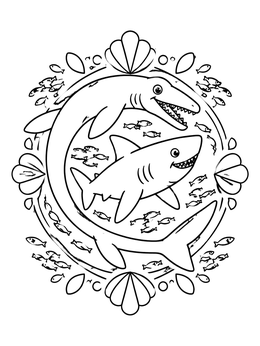 Free printable Cute Mosasaurus And Friendly Shark coloring page