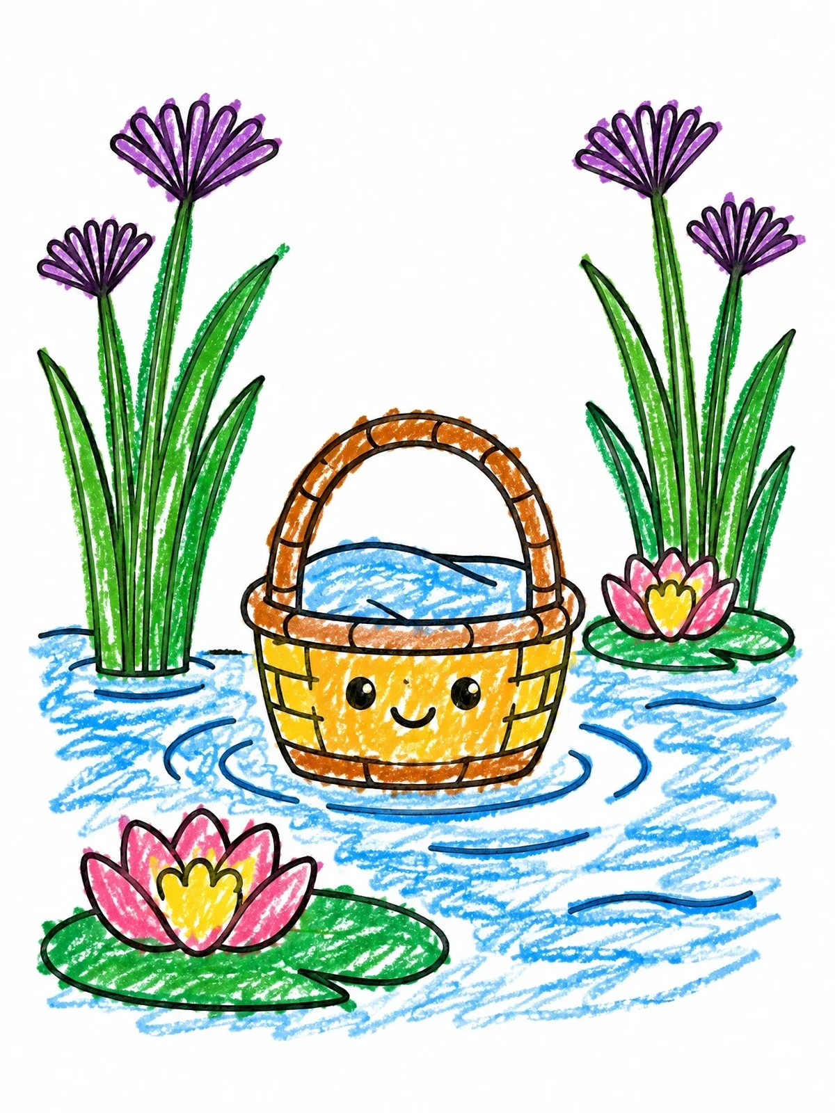 Colored example of the Cute Moses Basket On The River coloring page