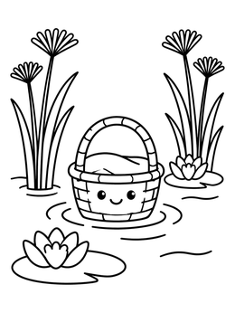 A smiling baby basket floats on the river in this moses coloring page with reeds.