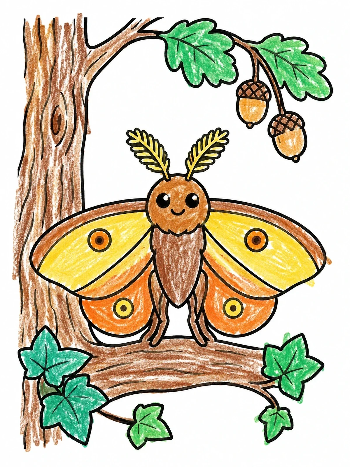 Colored example of the Cute Moth On Oak Branch coloring page