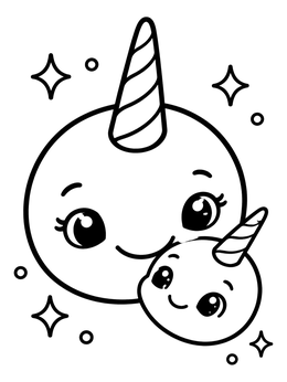 Free printable Cute Mother And Baby Narwhal coloring page