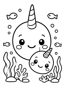 Free printable Cute Mother And Baby Narwhal Underwater coloring page