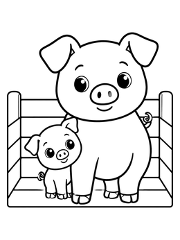 A cheerful mother pig and her little piglet stand together in this cute pig coloring page.