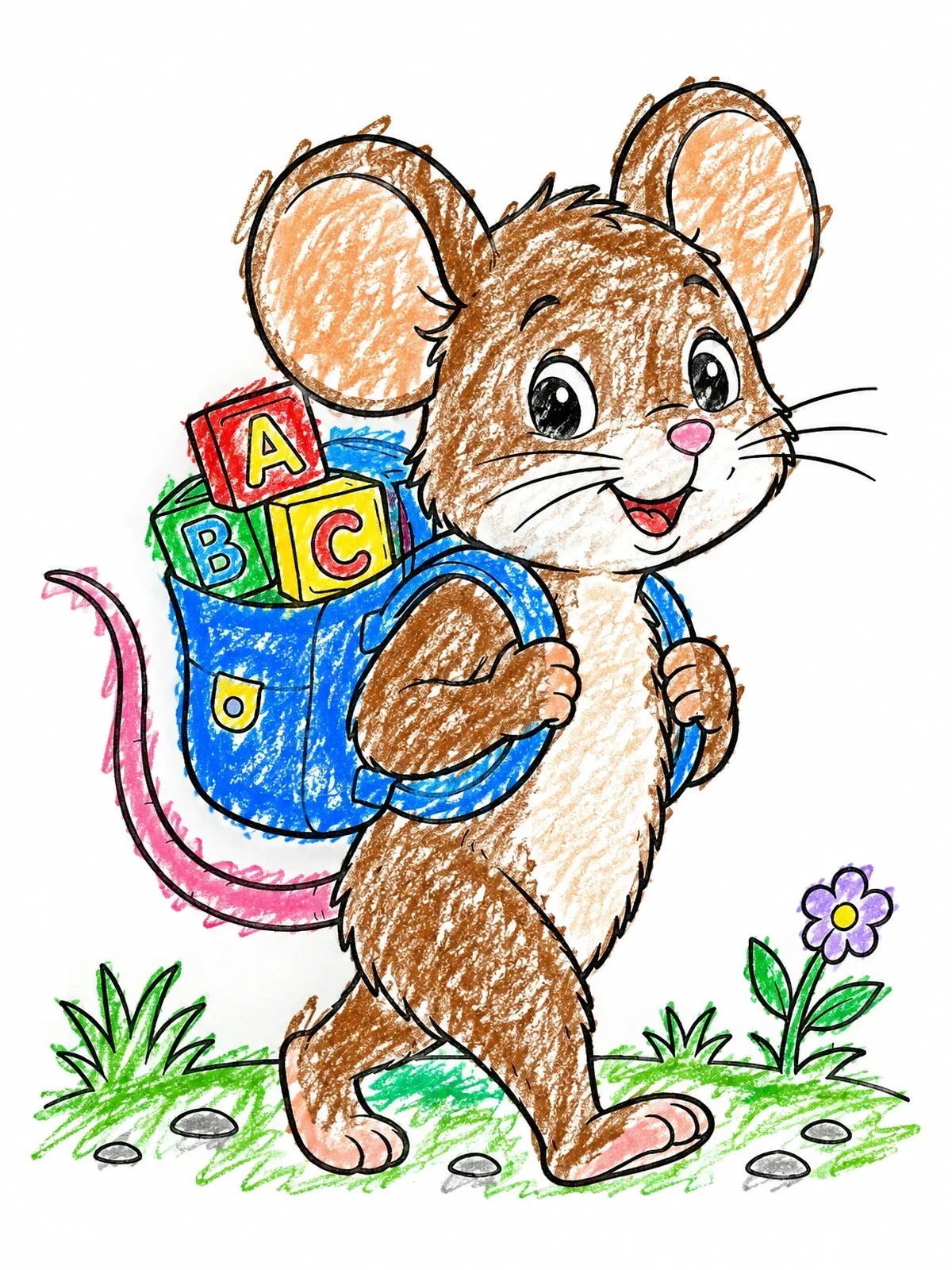Colored example of the Cute Mouse Walking With School Backpack coloring page