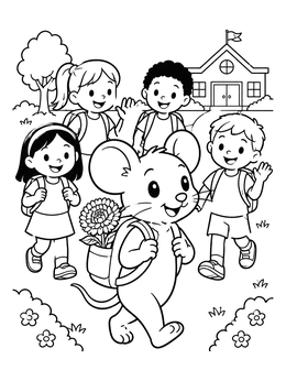 Free printable Cute Mouse With Chrysanthemum Going To School coloring page