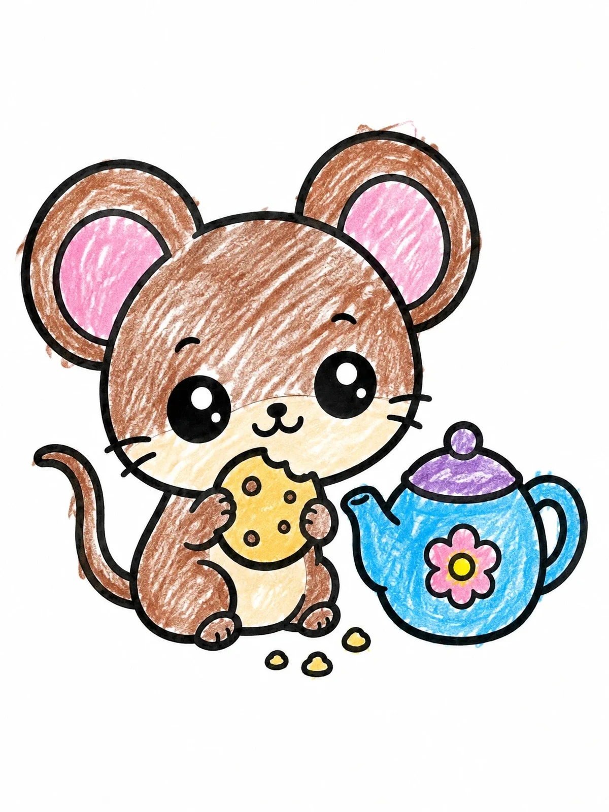 Colored example of the Cute Mouse With Cookie And Teapot coloring page