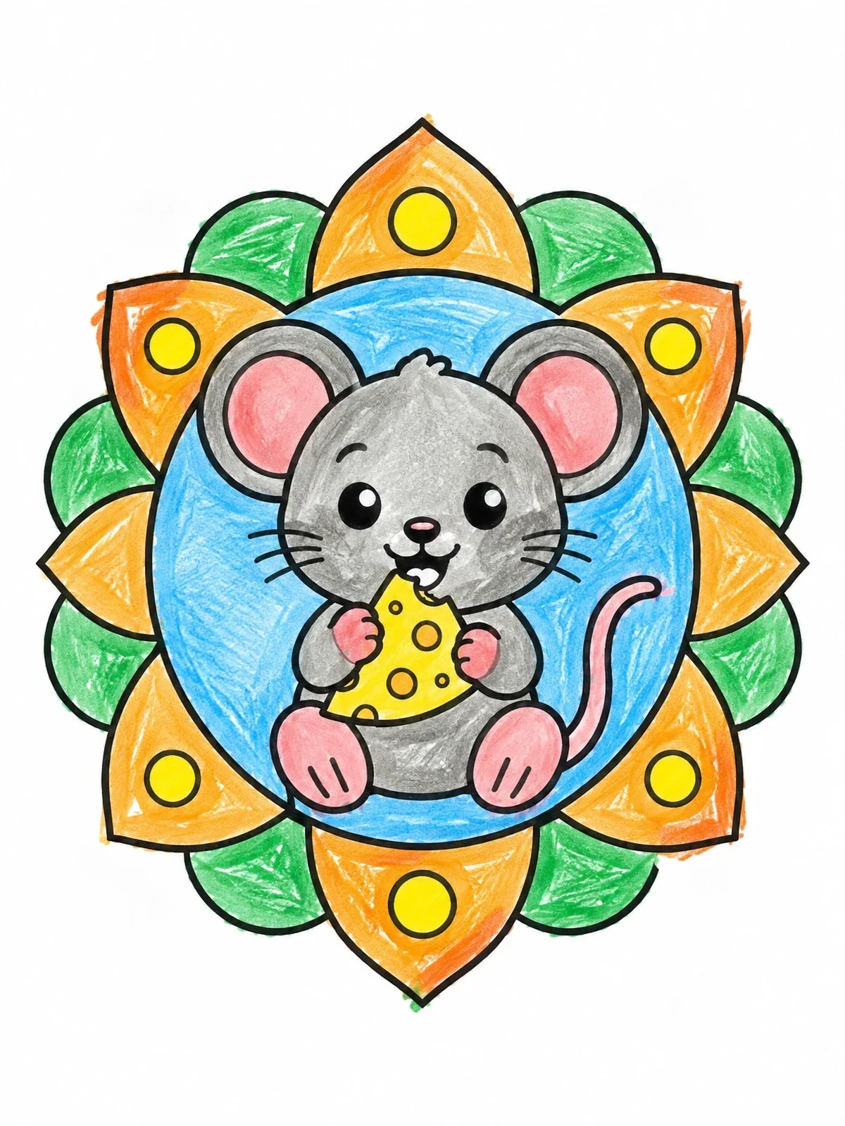Colored example of the Cute Mouse Nibbling Cheese In Mandala coloring page