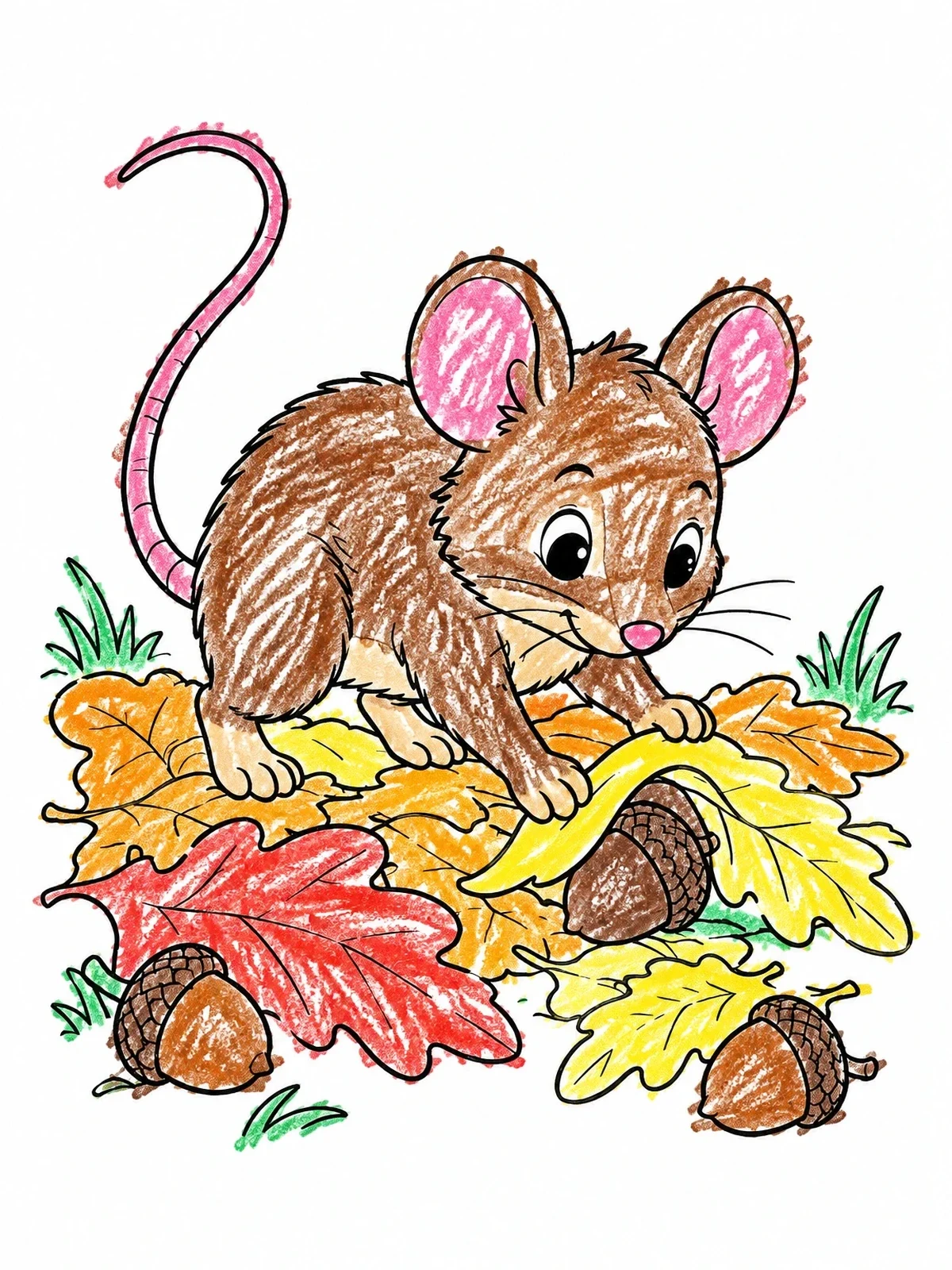 Colored example of the Cute Mouse Foraging For Acorns coloring page