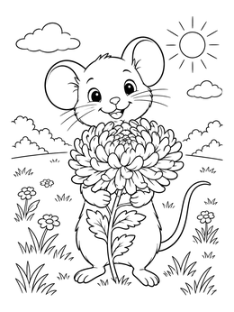Free printable Cute Mouse Holding Large Chrysanthemum coloring page