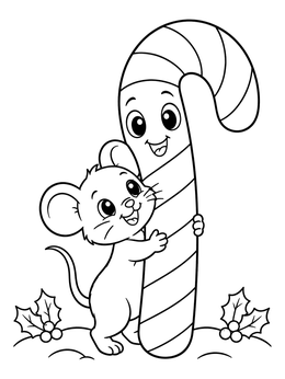A cheerful mouse embraces a smiling candy cane coloring page surrounded by holly leaves.