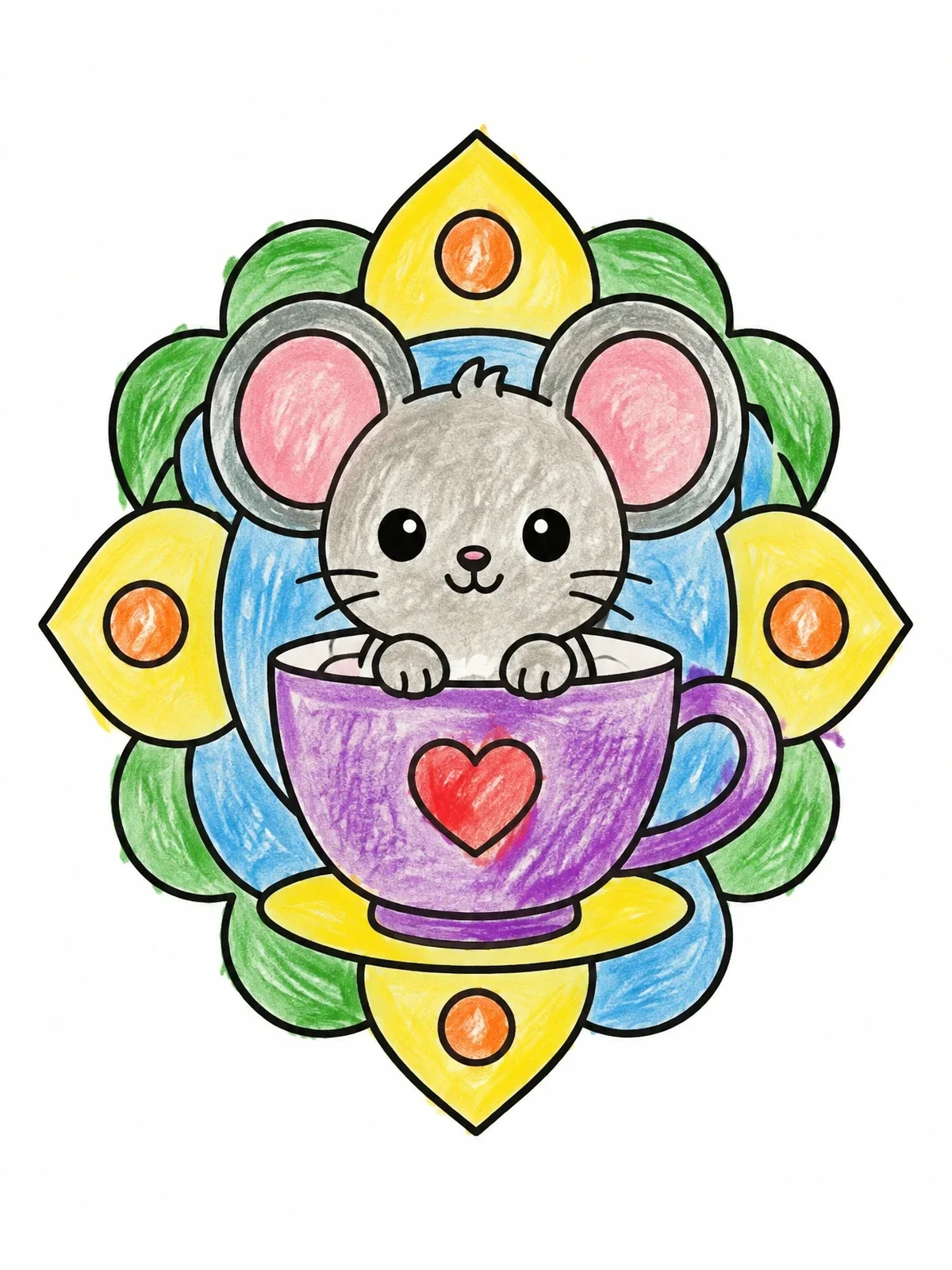 Colored example of the Cute Mouse In A Teacup coloring page