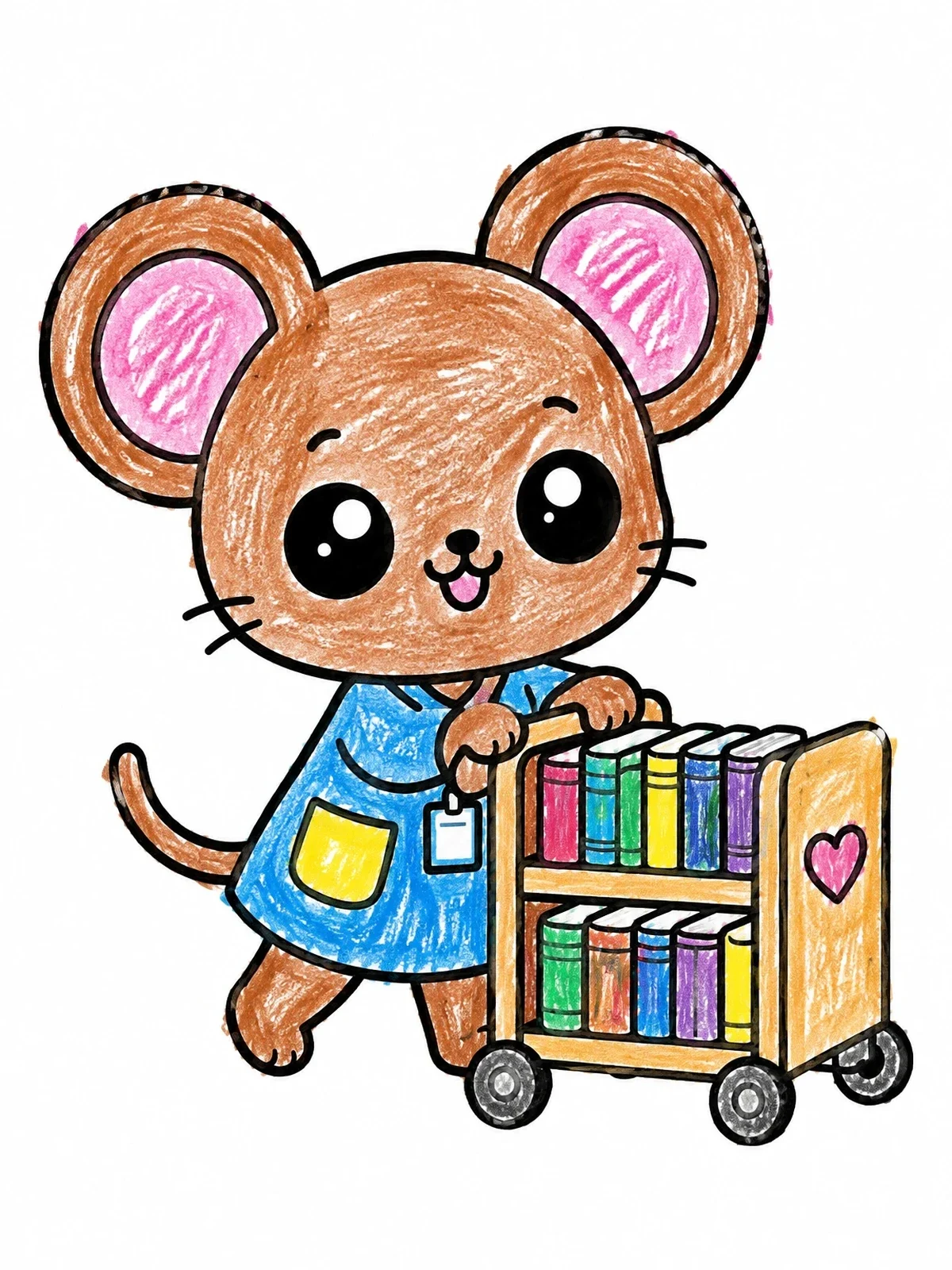 Colored example of the Cute Mouse Librarian With Book Cart coloring page