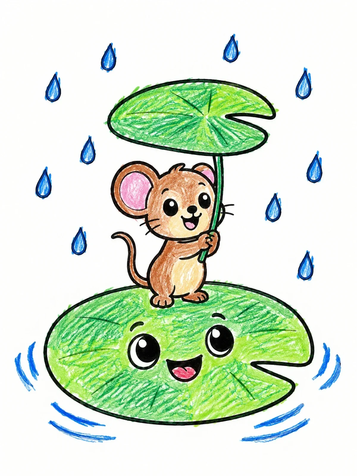 Colored example of the Cute Mouse Under Lily Pad Umbrella coloring page