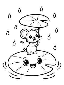 A cheerful mouse holding a lily pad coloring page in the gentle rain.