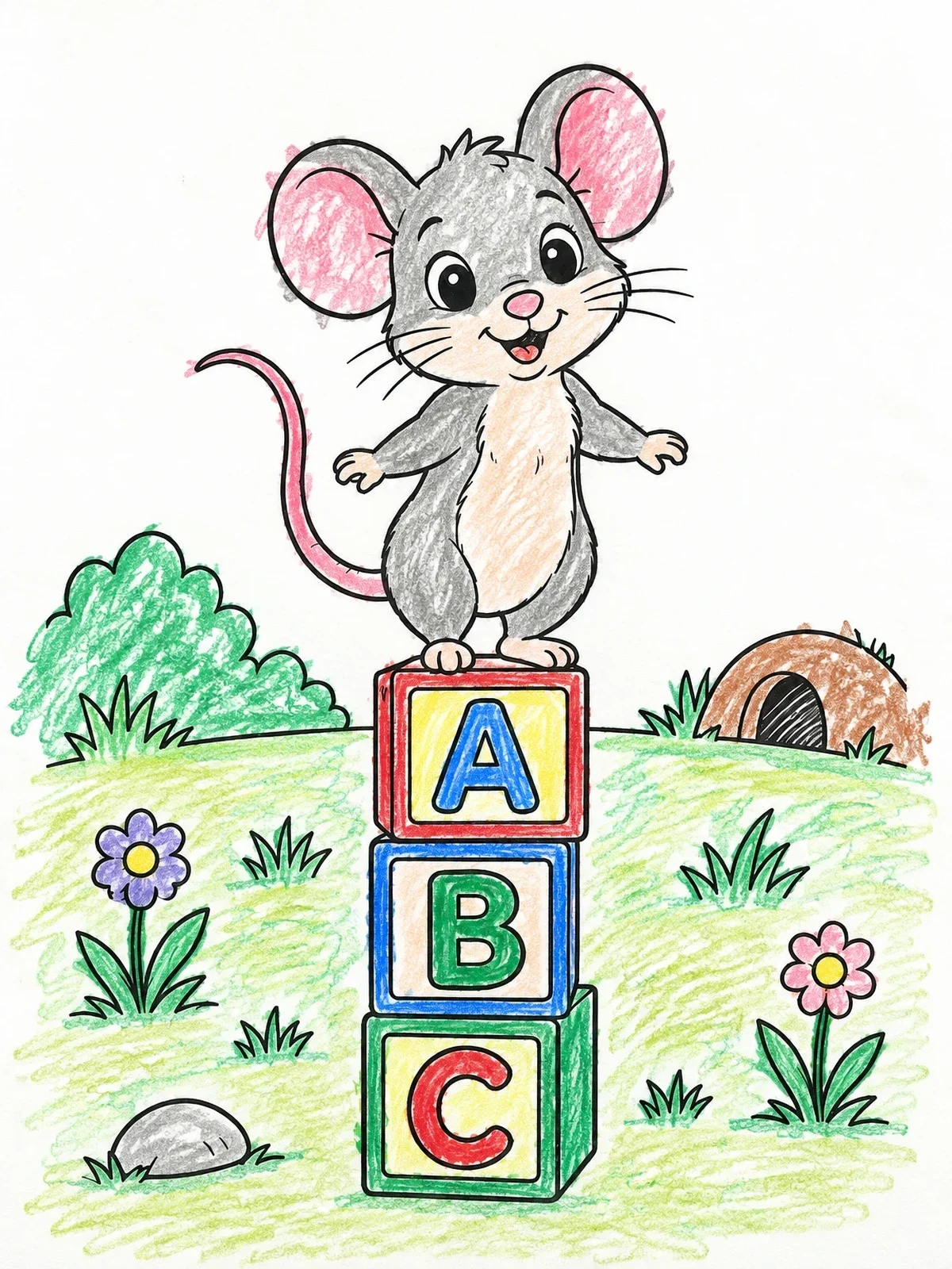 Colored example of the Cute Mouse On Alphabet Blocks coloring page