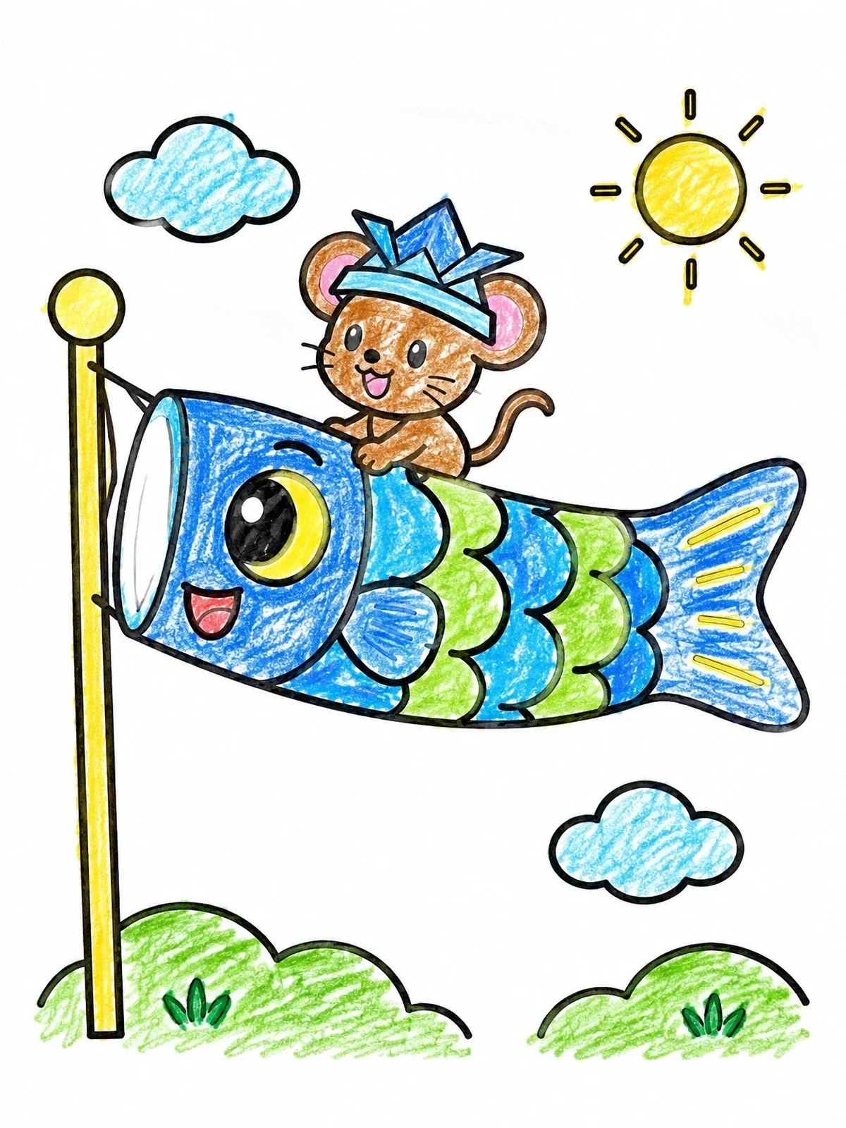 Colored example of the Cute Mouse On A Flying Koinobori coloring page