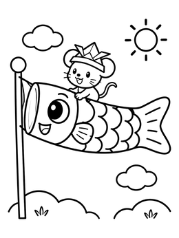 A happy mouse wearing an origami samurai helmet in this cute koinobori coloring page.