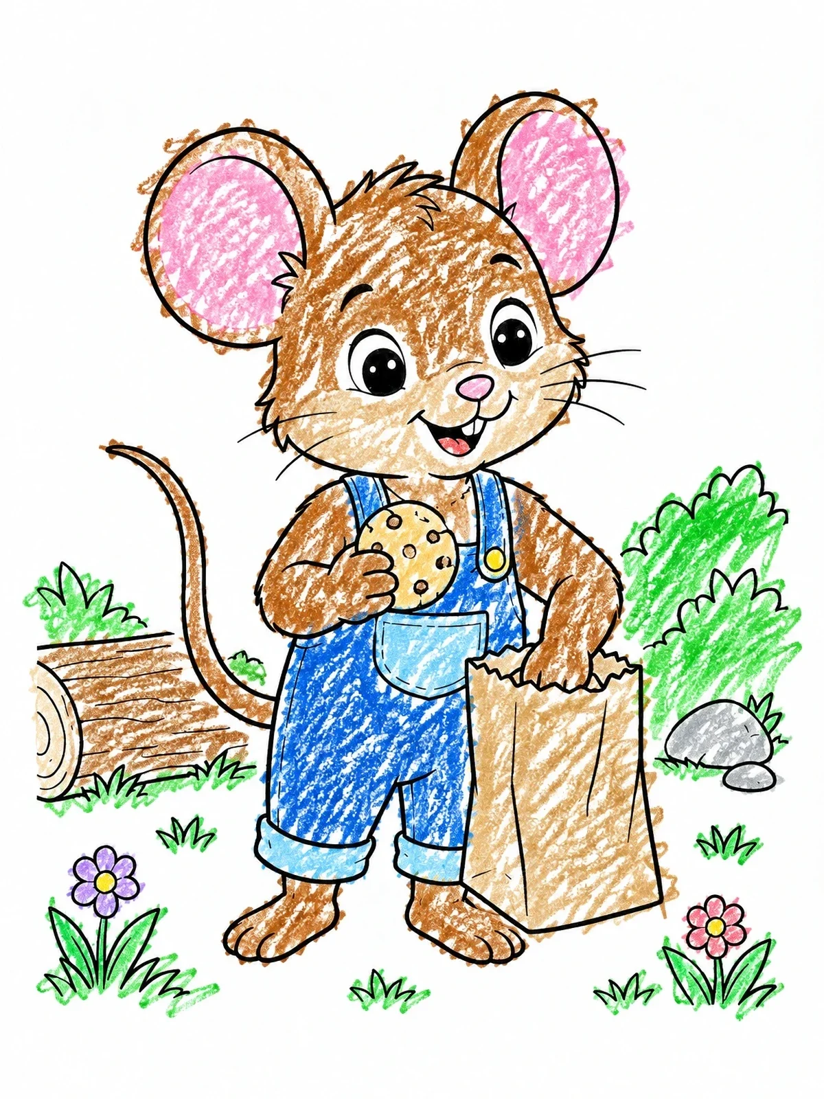 Colored example of the Cute Mouse In Overalls With Cookie coloring page