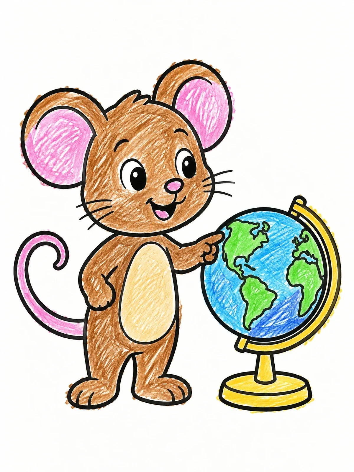 Colored example of the Cute Mouse Pointing At Globe coloring page