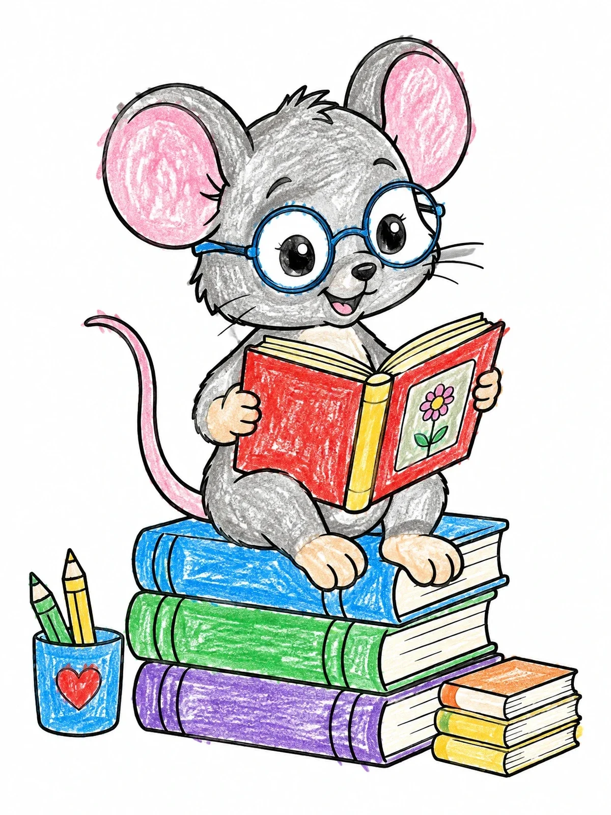 Colored example of the Cute Mouse Reading On Books coloring page
