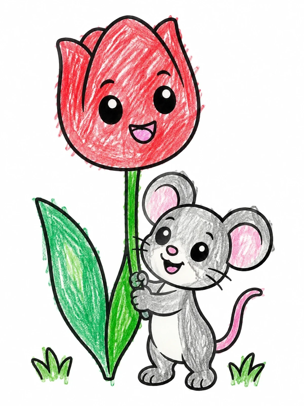 Colored example of the Cute Mouse Holding A Smiling Tulip coloring page