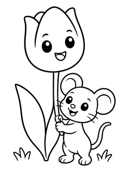A happy little mouse stands next to a flower in this cute tulip coloring page.
