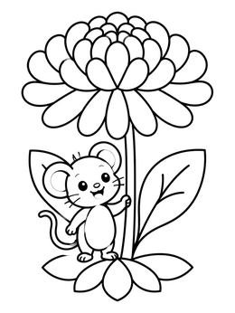 Free printable Cute Mouse Under A Chrysanthemum coloring page