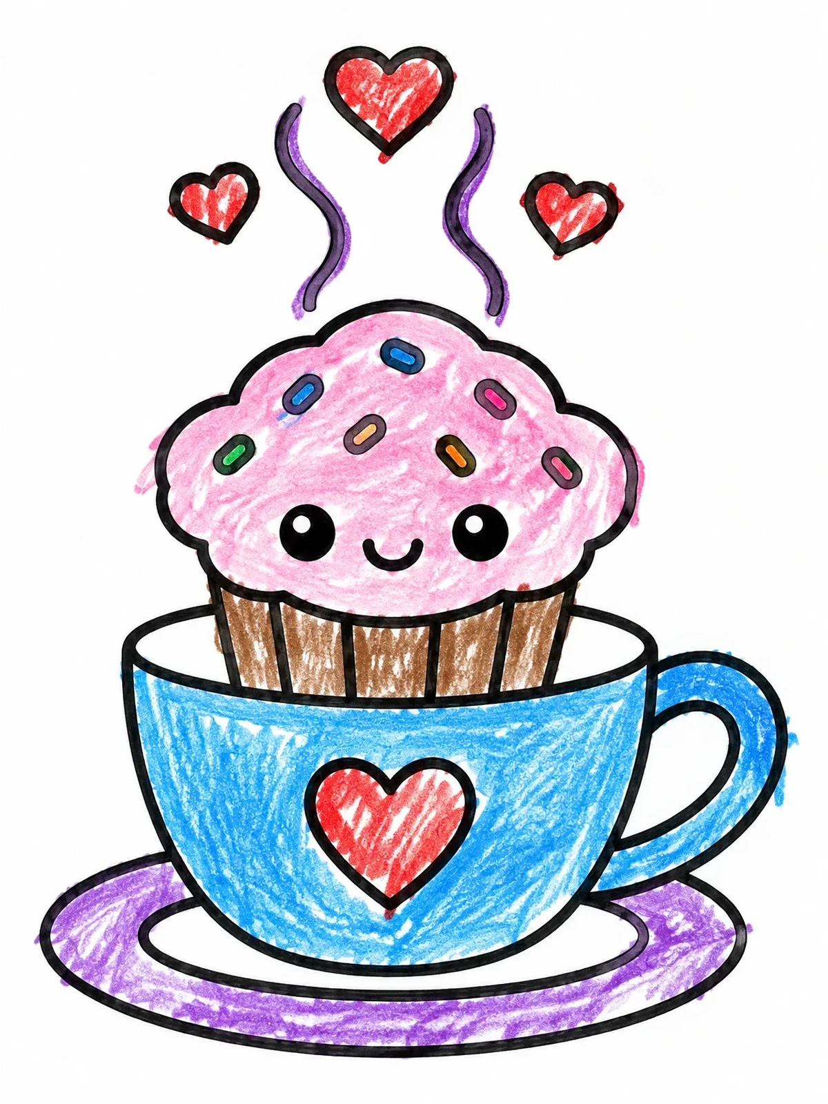 Colored example of the Cute Muffin In A Teacup coloring page