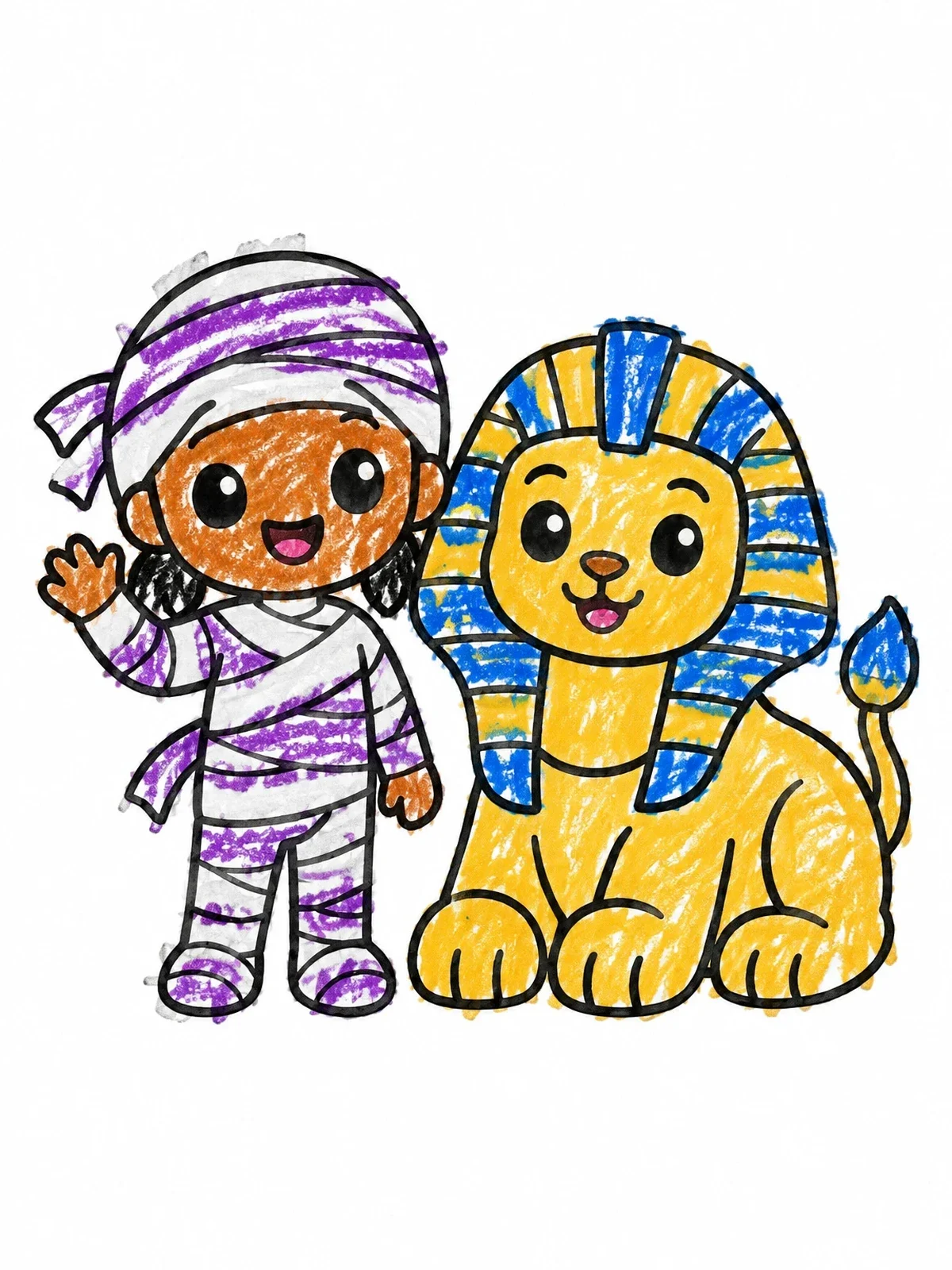 Colored example of the Cute Mummy And Friendly Sphinx coloring page