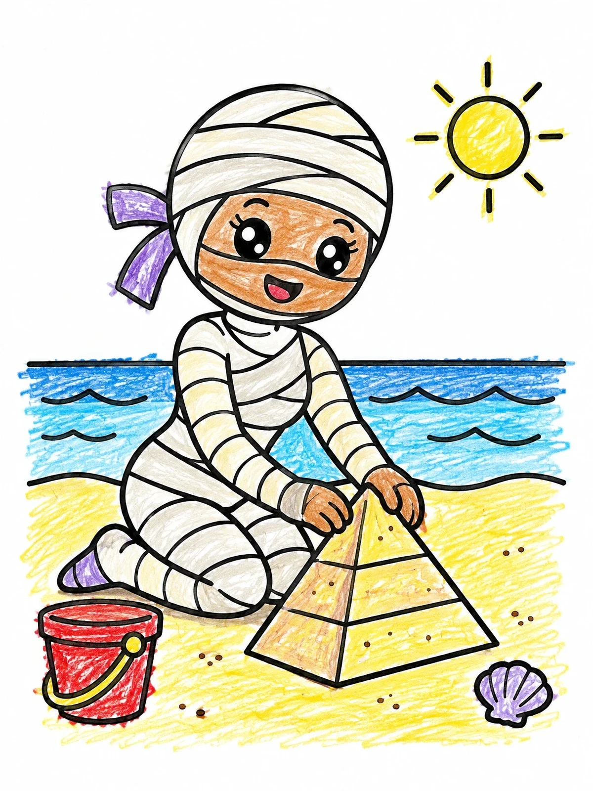 Colored example of the Cute Mummy Building Sand Pyramid coloring page