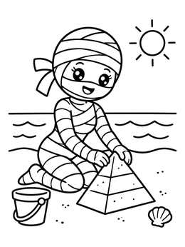 A friendly mummy coloring page showing a cute character building a sand pyramid at the beach.