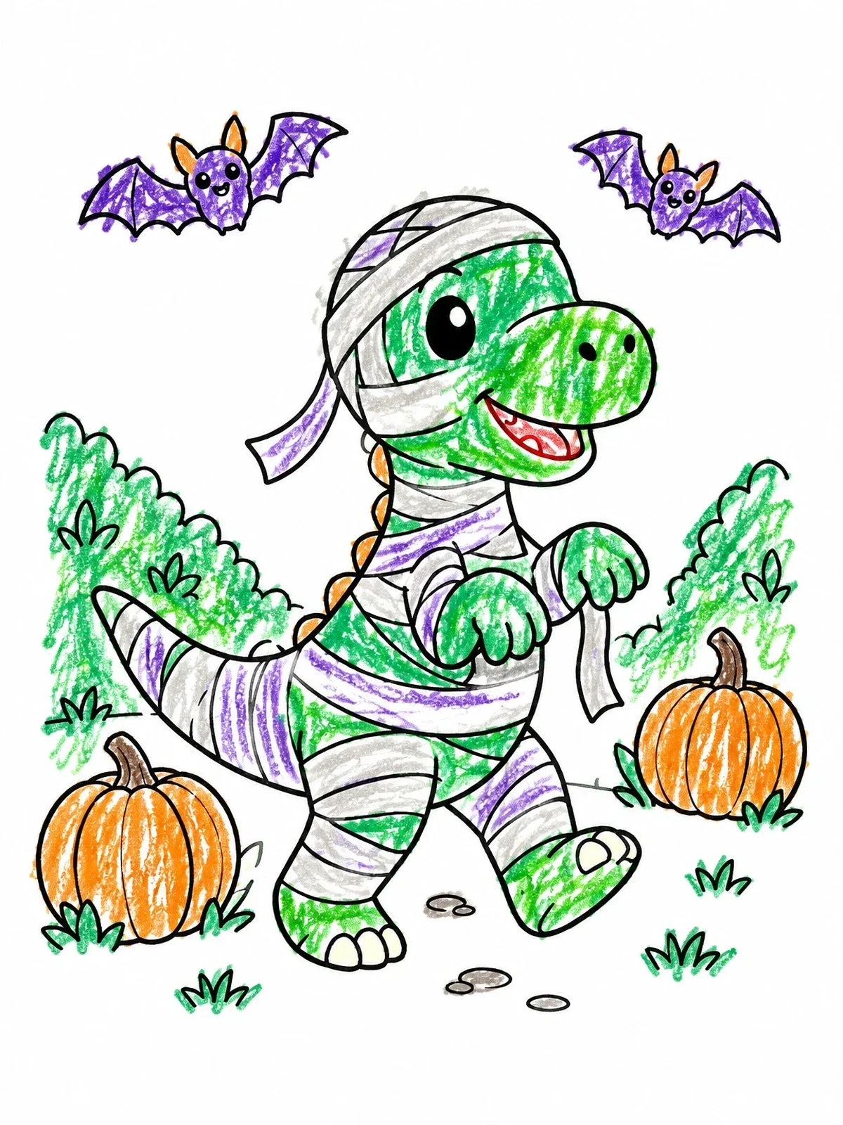Colored example of the Cute Mummy Dinosaur With Pumpkins coloring page