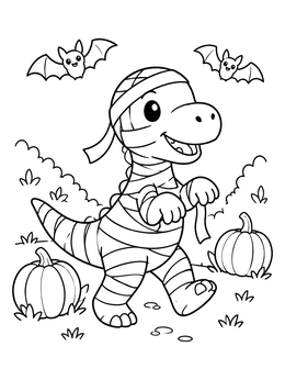 Free printable Cute Mummy Dinosaur With Pumpkins coloring page