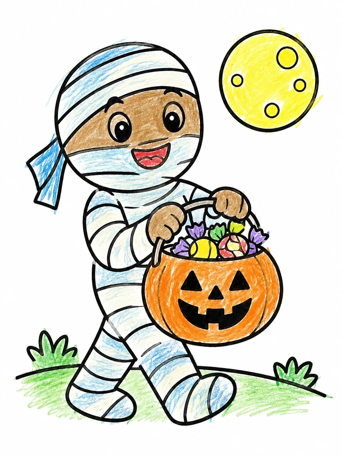 Colored example of the Cute Mummy Trick Or Treating coloring page