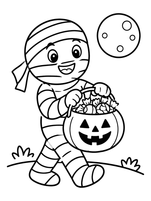 Cute Mummy Trick or Treating coloring page
