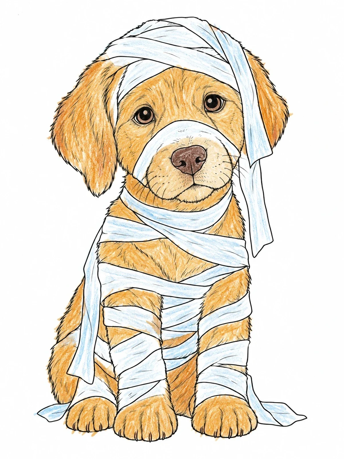 Colored example of the Cute Mummy Puppy For Halloween coloring page