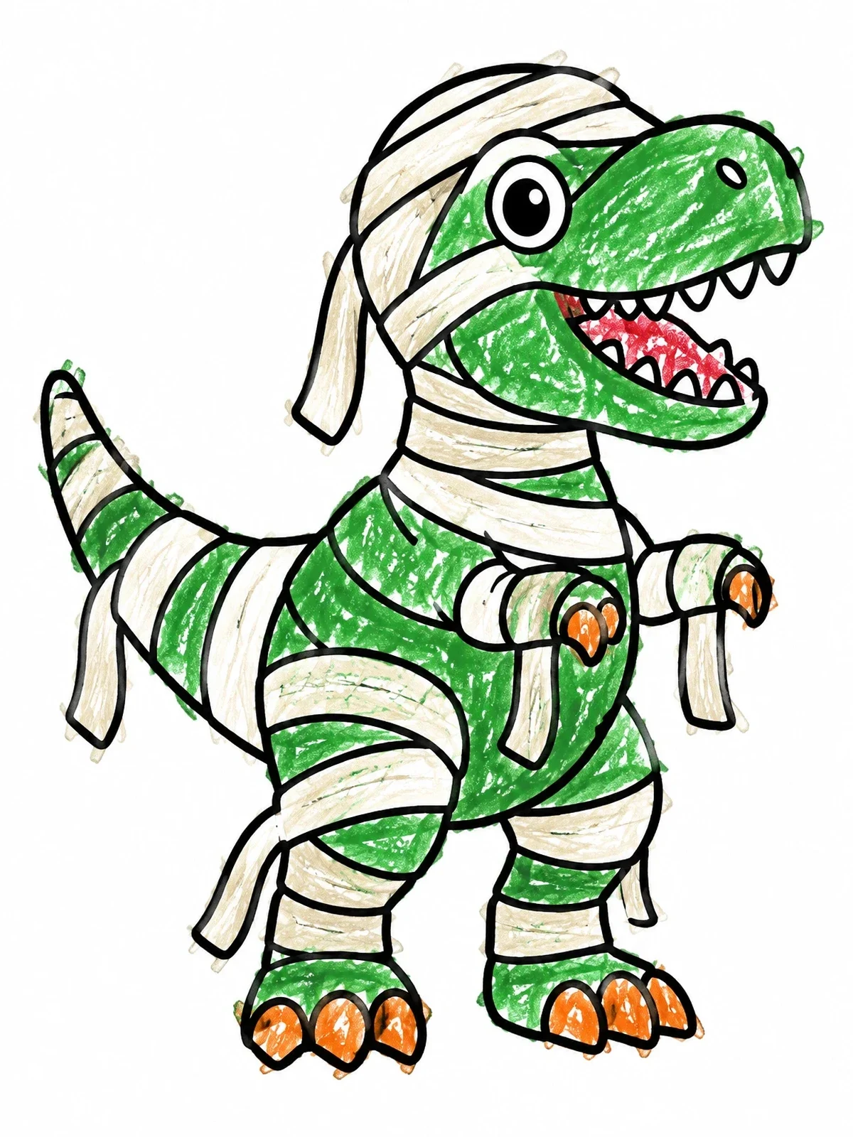 Colored example of the Cute Mummy T Rex coloring page