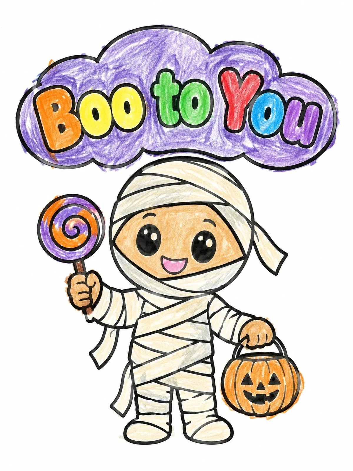 Colored example of the Cute Mummy With Halloween Treats coloring page