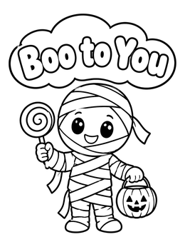 A cute trick or treat coloring page showing a friendly little mummy holding a lollipop and pumpkin pail.